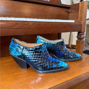 Ganni Blue and Black Snake Print Heeled Boots